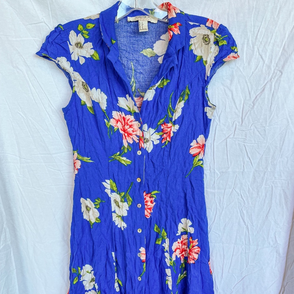 Blue Button Down Flower Mini Dress